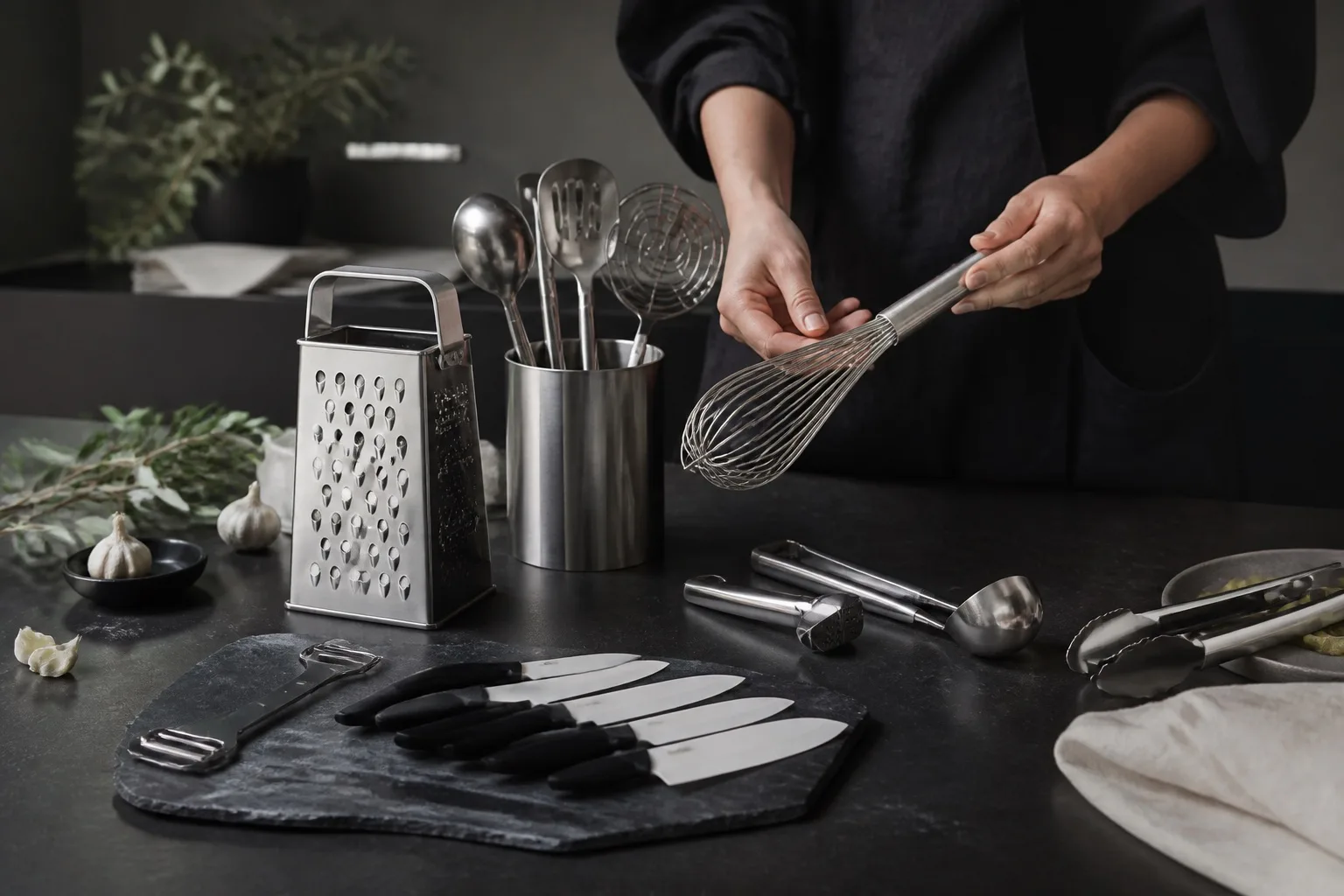 Premium kitchenware collection arranged on a stone worktable