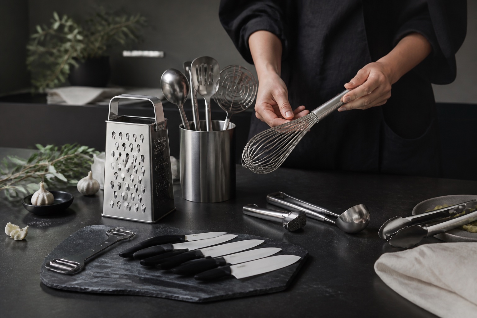 Premium kitchenware collection arranged on a stone worktable