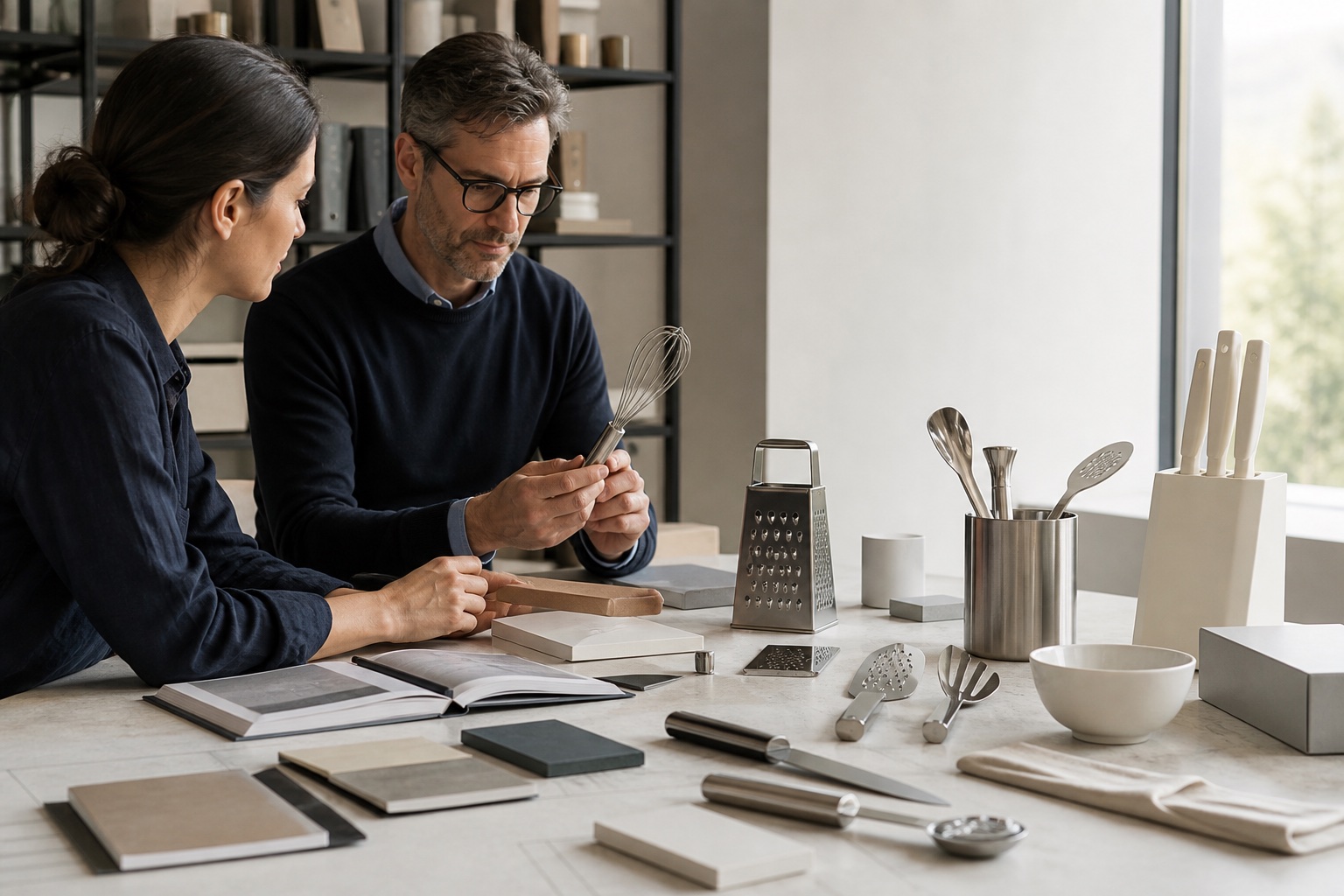 Buyers reviewing premium kitchenware samples in a design studio