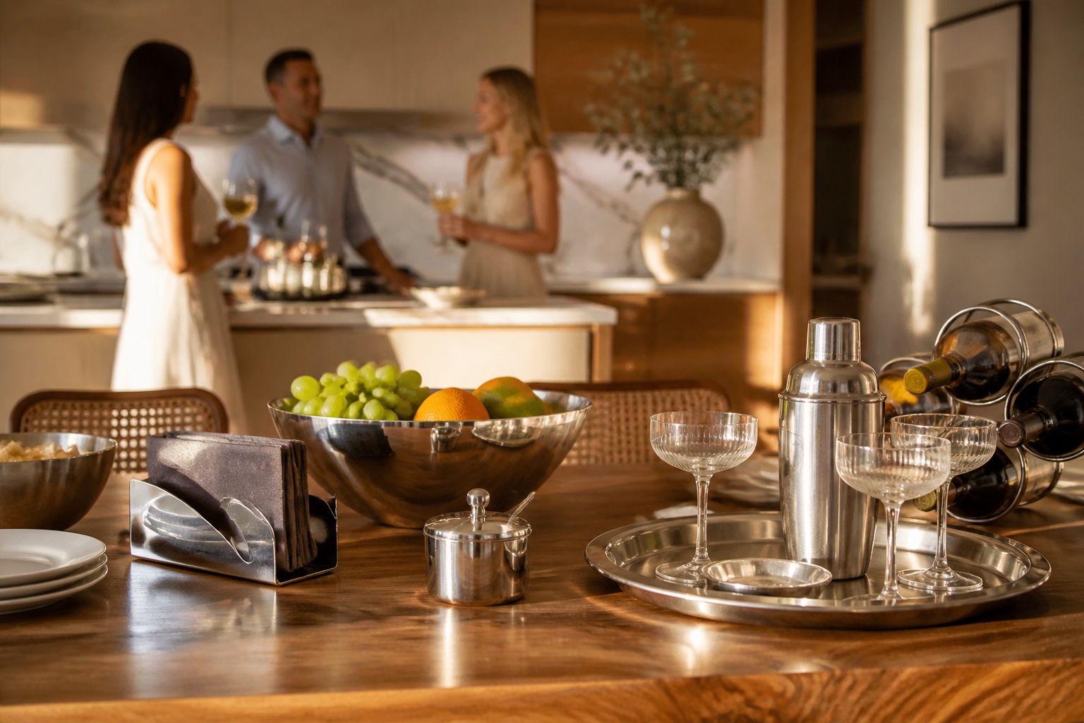 Premium stainless steel serving and barware arranged on an entertaining table